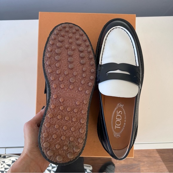 TOD’S raised sole black white leather penny loafers 40.5 EU/IT - Picture 2 of 7
